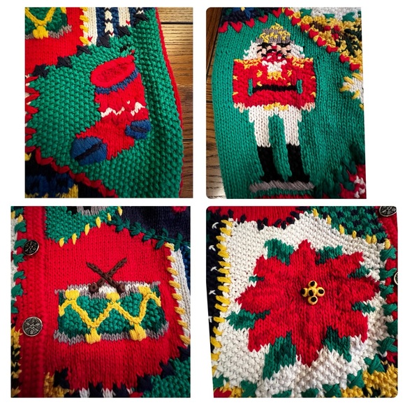 Christmas Hand Knitted Cardigan Sz Med. Red With Christmas Items Embroidered on - Picture 1 of 10